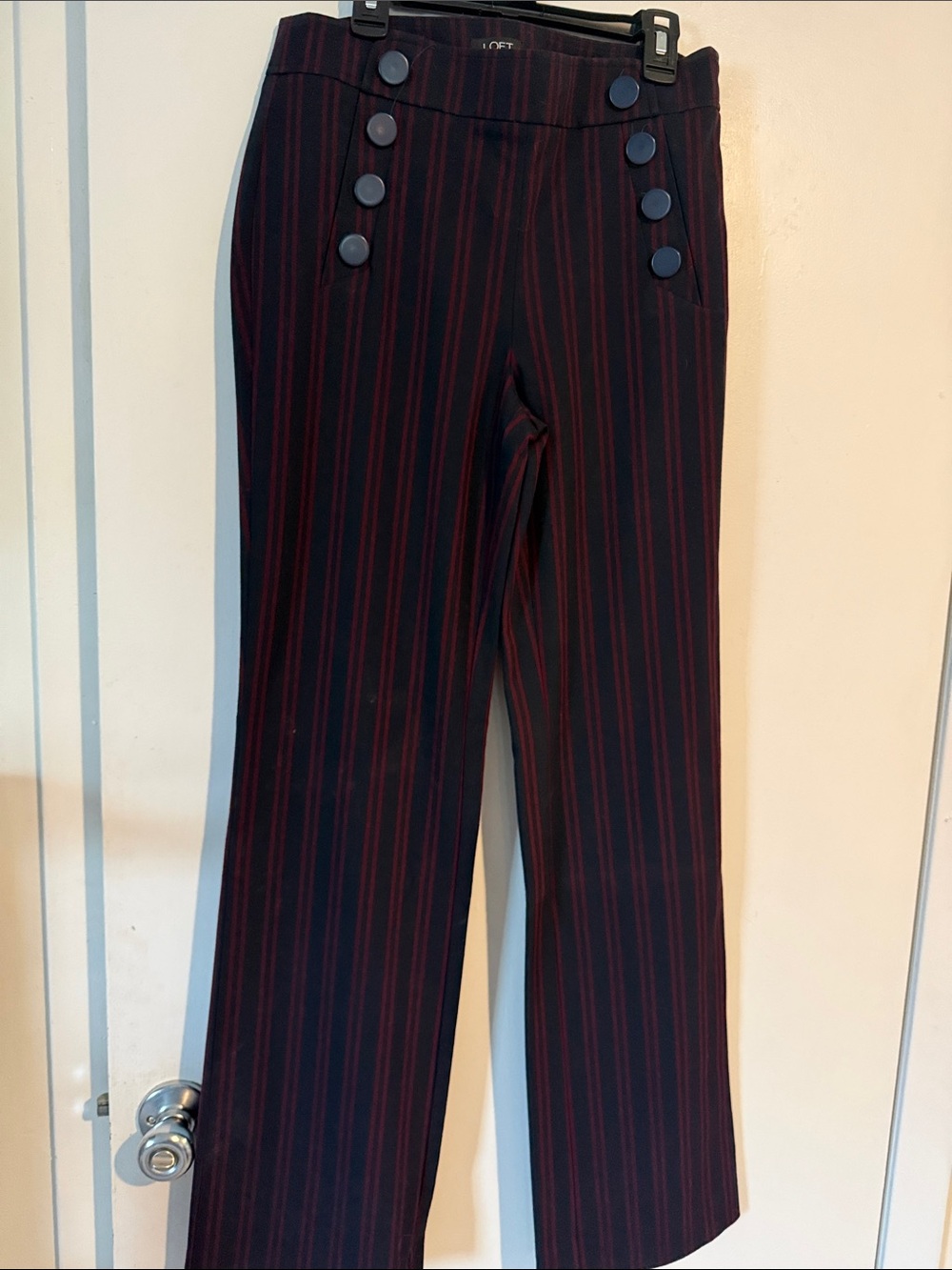 LOFT Navy with Burgundy Pinstripe Sailor-Button Trousers